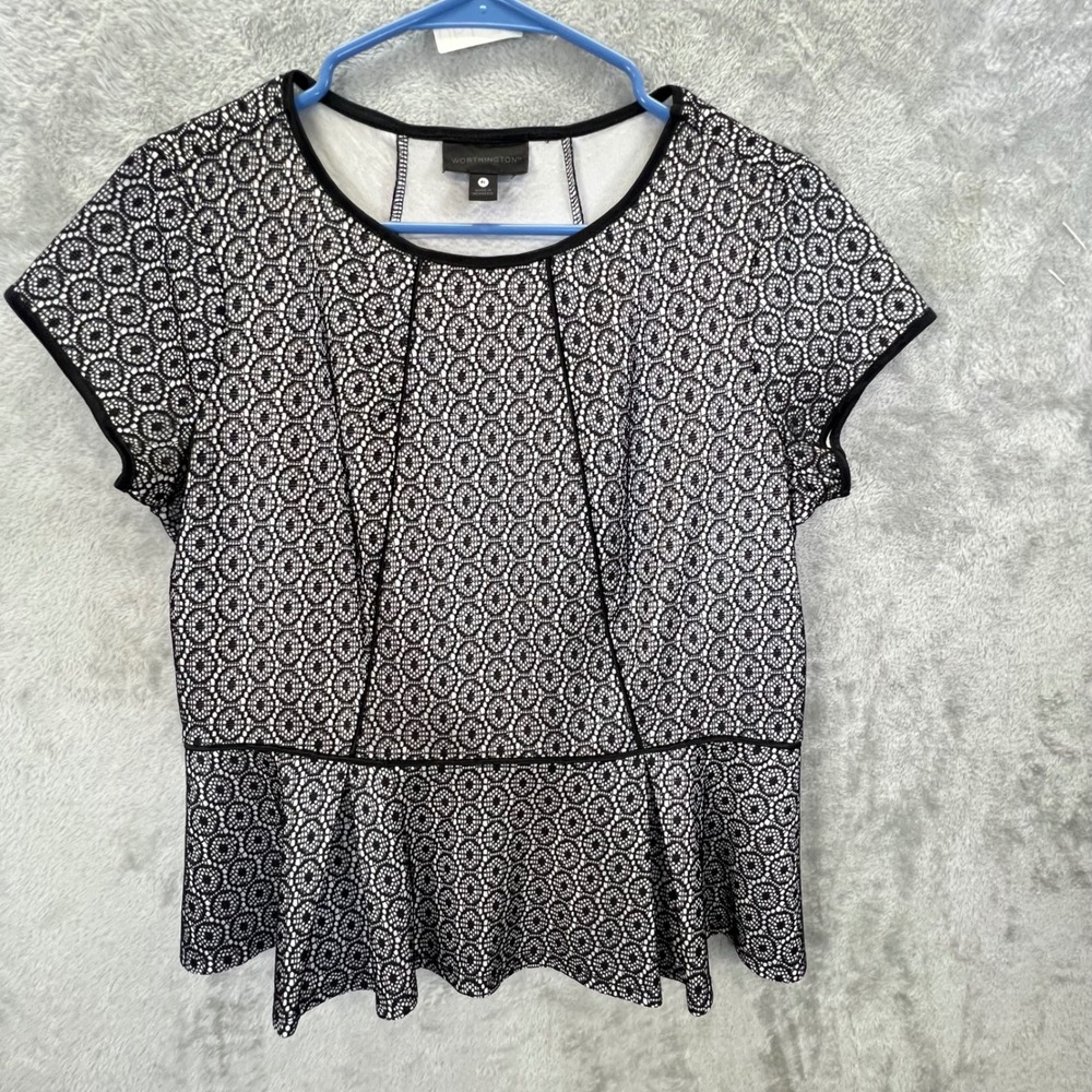 Worthington Womens Petite PL Black White Lace Peplum Blouse Short Sleeve Top